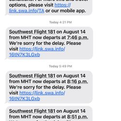 Southwest Airlines - Nice to wake up to delays 10 hours in advance of a flight. The delays just keep rolling in via text too.