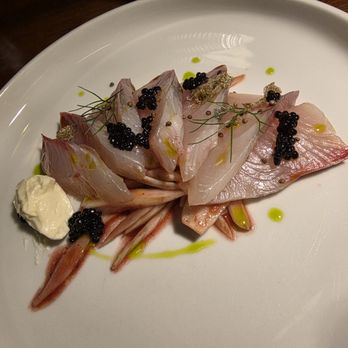 Restaurant Gish - Hay-smoked kampachi/yellowtail sashimi/chevice, goat cheese, caviar - New American Near Me - Santa Clara, California Restaurant Gish - Hay-smoked kampachi/yellowtail sashimi/chevice, goat cheese, caviar - New American Near Me - Santa Clara, California