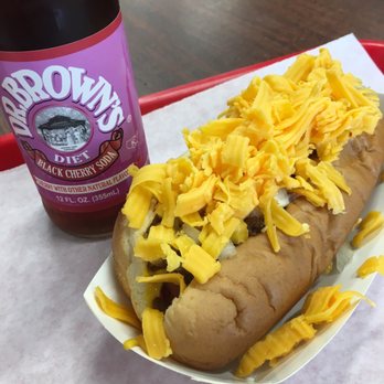 Fab Hot Dogs - Regular Cheese Coney Dog (and a Dr. Brown's Black Cherry) - Hot Dogs Near Me - Reseda, California Fab Hot Dogs - Regular Cheese Coney Dog (and a Dr. Brown's Black Cherry) - Hot Dogs Near Me - Reseda, California