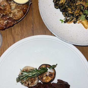 Marmo - Smashed potatoes, Squid Ink Campanelle, 8 oz. Flat Iron - Italian Near Me - Houston, Texas