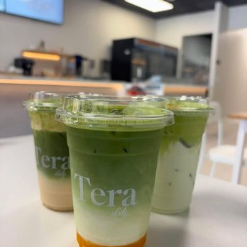Tera Daily - Left - Banana Matcha Middle - Mango Matcha Right - Pandan Matcha - Coffee & Tea Near Me - Garden Grove, California Tera Daily - Left - Banana Matcha Middle - Mango Matcha Right - Pandan Matcha - Coffee & Tea Near Me - Garden Grove, California