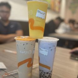 CoCo Fresh Tea & Juice - Passionfruit & Mango Slush, Taro Milk Tea w/ Tapioca, and CoCo Milk Tea w/ Pudding
