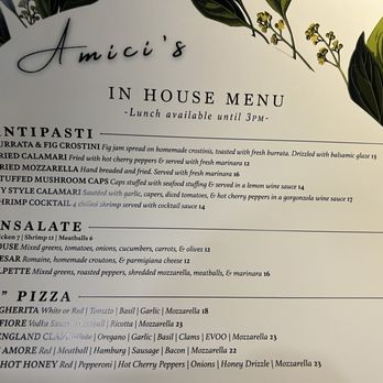 Amici’s - Close Up Regular Menu - Apps, Salads, Pizzas - Italian Near Me - South Glastonbury, Connecticut
