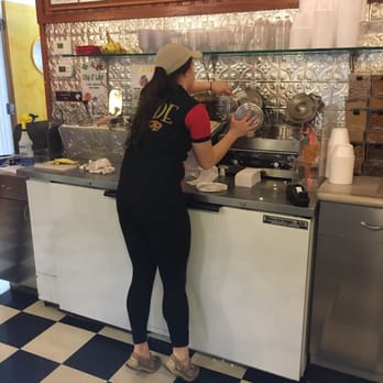The Inside Scoop - That's an employee pouring a huge container of HERSHEY'S CHOCOLATE FUDGE CONTRAPTION TO MAKE HOT FUDGE TOPPING!!! - Ice Cream & Frozen Yogurt Near Me - Coopersburg, Pennsylvania