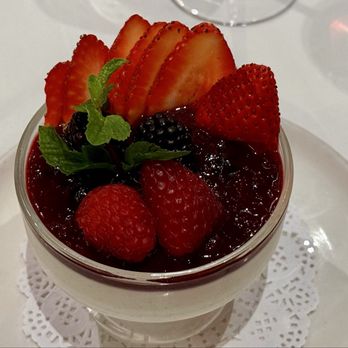 Il Moro Restaurant - Vanilla panna cotta with mixed berry sauce.  What a flavor explosion! - Italian Near Me - Los Angeles, California