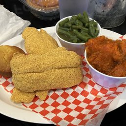 The real deal! Southern fried fish plate with green beans, candied yams, and cornbread. The real deal! Southern fried fish plate with green beans, candied yams, and cornbread.