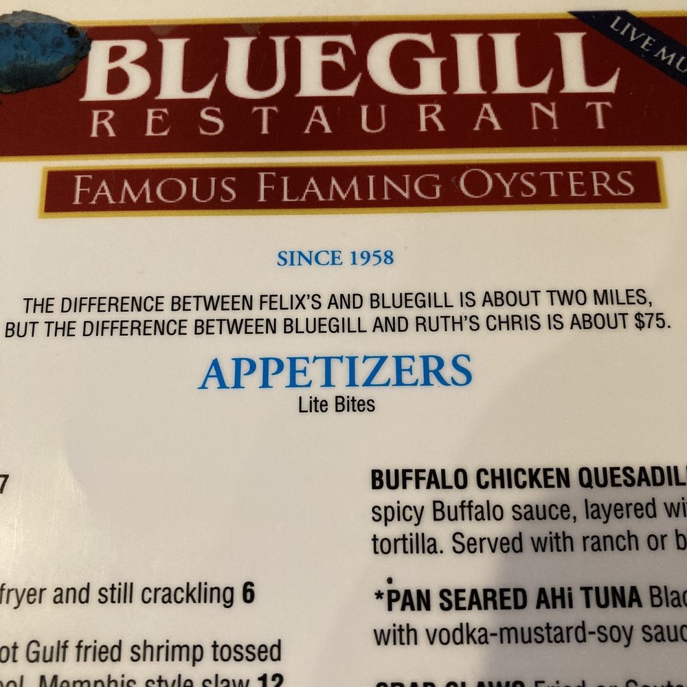 BLUEGILL Restaurant - Funny Menu - Seafood Near Me - Spanish Fort, Alabama BLUEGILL Restaurant - Funny Menu - Seafood Near Me - Spanish Fort, Alabama