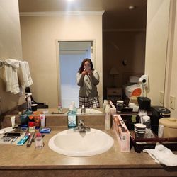 Sink area. Wished there was a full body mirror. Had to back up hella far to see my outfits. I guess not a huge problem.