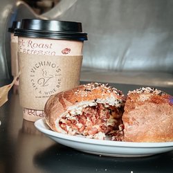 Vichino's Cafe & Wine Bar - Pistachio Latte and bacon egg breakfast sandwich