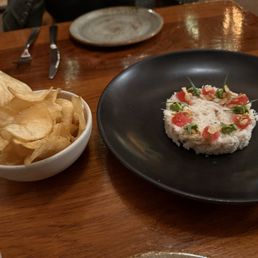 crab salad dip with potato chips... delish! crab salad dip with potato chips... delish!