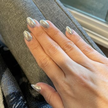 2EM Nail Place - gel x full set, short, almond shape, with silver chrome - Nail Salons Near Me - Irvine, California