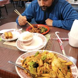 South China Restaurant - Schezuan Vegetables (foreground), assorted items from the buffet (background)