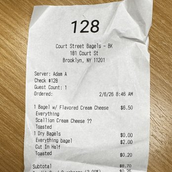 Court Street Bagels - Receipt - Bagels Near Me - Brooklyn, New York Court Street Bagels - Receipt - Bagels Near Me - Brooklyn, New York