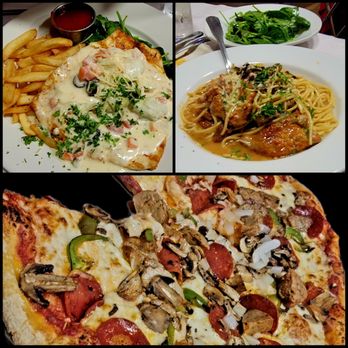 Tony And Luigis - Top left: Trout a la Mandore with sides of fries and wilted spinach. Top right: Veal Marsala over spaghetti. Bottom: the Full Luigi pizza - Italian Near Me - Georgetown, Texas Tony And Luigis - Top left: Trout a la Mandore with sides of fries and wilted spinach. Top right: Veal Marsala over spaghetti. Bottom: the Full Luigi pizza - Italian Near Me - Georgetown, Texas