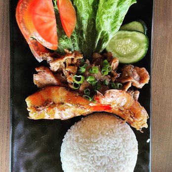 Pho Mex - Pork and shrimp rice plate - Asian Fusion Near Me - Modesto, California Pho Mex - Pork and shrimp rice plate - Asian Fusion Near Me - Modesto, California