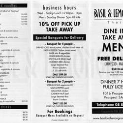 Basil and Lemongrass Thai Cafe - Take away menu - front.