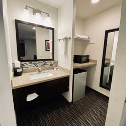 05.27.22 washroom sink | amenities: fridge, microwave and coffee maker