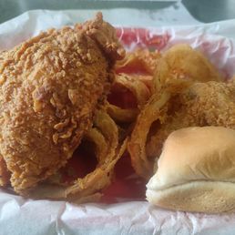 2-Piece Fried Chicken with Onion Rings and Dinner Roll