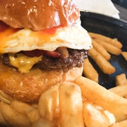 Burger Republic - Farmyard Beef, cheese, smoked bacon, egg, hash brown, ketchup.