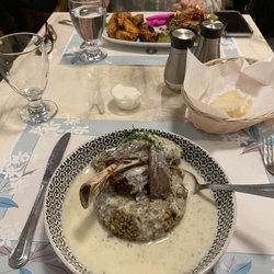 Yasmine's - Freekeh with lamb (almost like thick porridge surrounded by warm yoghurt soup); chicken taouk with fattoush salad