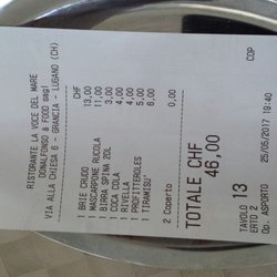 La Voce del Mare - Il Conto: pizze e dolci delle foto precedenti,  un caffè d'orzo e bevande per 46 franchi. Onesto, in rapporto al cambio sfavorevole!