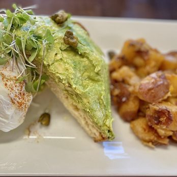 Dirtbag Tea Cafe - Avocado Toast~ Loved poached egg, micro-greens & deep-fried capers on challah, would love to see some spice. Delicious O'Brien potatoes! - Cafes Near Me - Orangevale, California