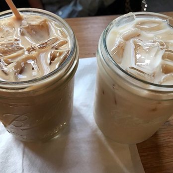 Lorca - Iced vanilla latte (left), london fog (right) - lavender, earl grey, milk. - Coffee & Tea Near Me - Stamford, Connecticut Lorca - Iced vanilla latte (left), london fog (right) - lavender, earl grey, milk. - Coffee & Tea Near Me - Stamford, Connecticut