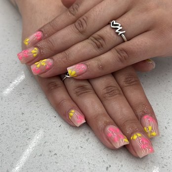 M Nail Bar - Pink Acrylic overlay on natural nails with design - Nail Salons Near Me - Dallas, Texas