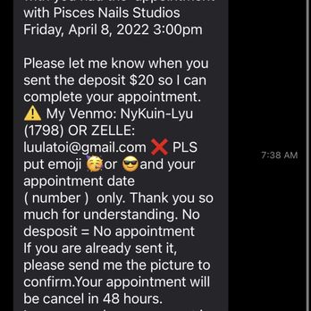 Pisces Nail studio - Reminder text sent at 7:38AM then cancelled at 8:36Am. ps: I was still in bed at that time 0_0 - Nail Salons Near Me - Cypress, California Pisces Nail studio - Reminder text sent at 7:38AM then cancelled at 8:36Am. ps: I was still in bed at that time 0_0 - Nail Salons Near Me - Cypress, California