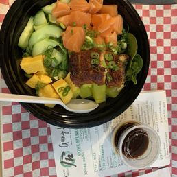 2 Proteins Poke Bowl - salmon and eel with a bunch of different toppings ~$14