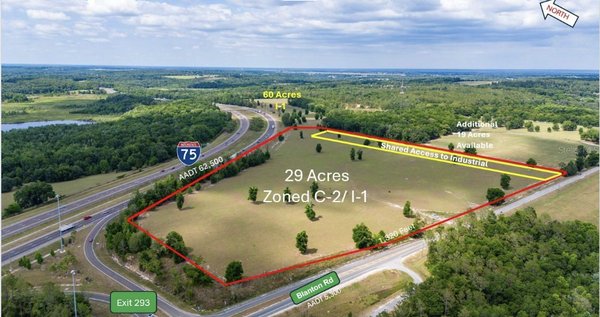 0 Blanton Road Dade City, FL 33523 - Welcome to an exceptional opportunity to acquire 89 acres of strategically located land along the bustling Interstate 75 corridor. This expansive property offers a perfect blend of 29 acres zoned C-2 (Commercial) and 60 acres zoned I-1 (Light Industrial), catering to a wide range of development possibilities.

Key Features:
Location: Situated directly along Interstate 75, providing unparalleled visibility and access for commercial and industrial ventures.
Zoning: 29 acres zoned C2 (Commercial) for retail, service-oriented businesses, and mixed-use developments. 60 acres zoned I-1 (Light Industrial) suitable for manufacturing, warehousing, distribution centers, and industrial parks.
Transportation Access: Proximity to Interstate 75 facilitates efficient transportation and logistics, enhancing connectivity to regional and national markets.
Investment Potential: Ideal for investors, developers, and businesses seeking to capitalize on the area's economic growth and strategic location.
Frontage: Over 6,500 linear feet of frontage on I-75 and 1,320 linear feet of frontage on Blanton Road.
Ideal Uses:
Retail Centers
Hotels and Hospitality
Office Parks
Light Manufacturing
Distribution Warehouses
Logistics Centers

Community: Located in a thriving economic region with a growing population base, ensuring a robust consumer market and ample workforce availability. Don't miss out on this rare opportunity to secure a significant parcel of land with versatile zoning options in a highly desirable location. Whether you are planning to establish a retail destination, industrial facility, or mixed-use development, this property offers the space and infrastructure to support your vision. Contact us today to schedule a tour and explore the potential of this prime Interstate 75 land opportunity.