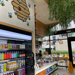 The Hive - Juice bar, register, decorations, outdoor seating area