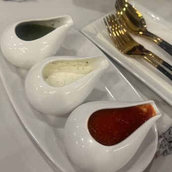 Khorasan Kabab - Their trio of sauces and their gold cutleries. - Afghan Near Me - Metuchen, New Jersey
