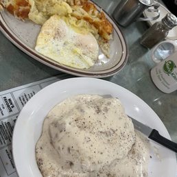 Chicken fried steak and gravy. Over easy eggs and hashbrowns