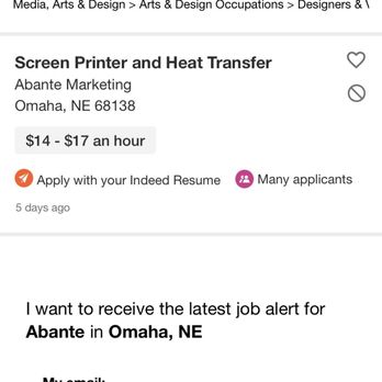 Abante Marketing - Position being available - Screen Printing/T-Shirt Printing Near Me - Omaha, Nebraska Abante Marketing - Position being available - Screen Printing/T-Shirt Printing Near Me - Omaha, Nebraska
