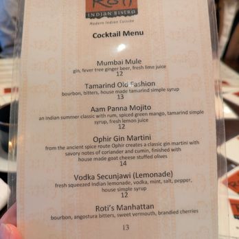 Roti Indian Bistro - Cocktails menu. Tue dinner 2025-03-18 - Indian Near Me - San Francisco, California Roti Indian Bistro - Cocktails menu. Tue dinner 2025-03-18 - Indian Near Me - San Francisco, California