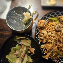 P.F. Chang's - Ginger Mule, Chicken Lo Mein, Salad