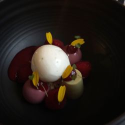 Bloom - Fresh Raspberries, lime ice cream, green tea and raspberry custard, raspberry sauce.