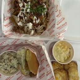 Loaded wedges, OG Fried sandwich, side Mac n cheese, side cole slaw, cheddar biscuit basket.
