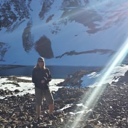 Treads 'n' Threads - Kelly hiking in Treads 'n' Threads gear near Lake Irwin.