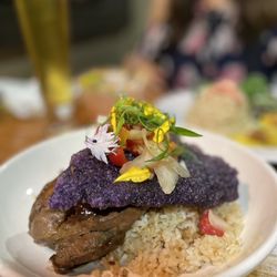 Nalu's South Shore Grill - Chicken adobo with fried ube tapioca