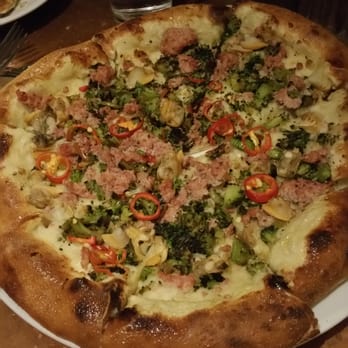 Coltivare - Pizza - littleneck clams, Italian sausage, broccoli, red chilis - Italian Near Me - Houston, Texas Coltivare - Pizza - littleneck clams, Italian sausage, broccoli, red chilis - Italian Near Me - Houston, Texas