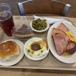 Large pieces of ham, sides dessert and drink