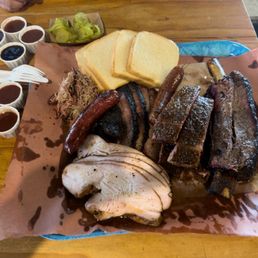 Turkey, sausage, beef rib, brisket, pulled pork.