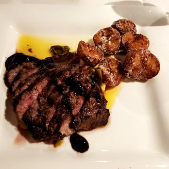 Bellamy's Restaurant - 8oz steak with balsamic, poblano relish, and parmesan potatoes - New American Near Me - Escondido, California