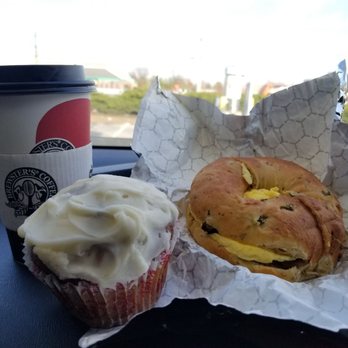 Big Apple Bagels - Pumpkin spice coffee, carrot cake muffin, and an All American bagel with sausage on a jalapeño bagel. - Bagels Near Me - Avon, Indiana