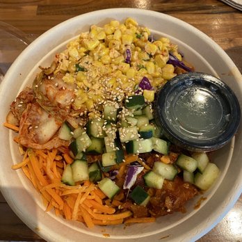 Chi'Lantro BBQ - Bowl with sweet potato noodles and spicy chicken - Korean Near Me - Austin, Texas Chi'Lantro BBQ - Bowl with sweet potato noodles and spicy chicken - Korean Near Me - Austin, Texas