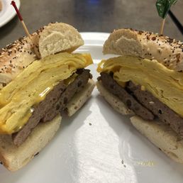 Egg and cheese everything bagel with turkey sausage Egg and cheese everything bagel with turkey sausage