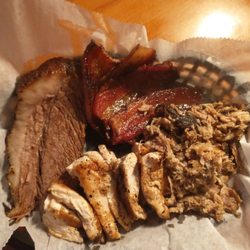 The Smoke and Barrel - Clockwise from the top, thick cut bacon, pulled pork, chicken, beef brisket.