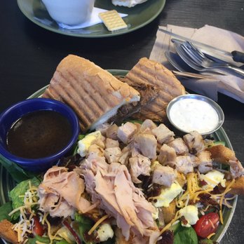 Eclectic Chef - French dip panini and half Cobb salad. French dip and roasted red pepper soup in back. Portions great for price and so tasty! - Sandwiches Near Me - Summerville, South Carolina